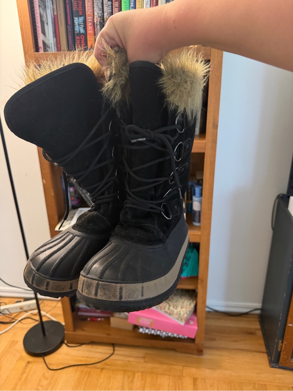 Falls Creek Black Winter Lace-Up Boots with Faux Fur Cuff - Picture 2 of 6
